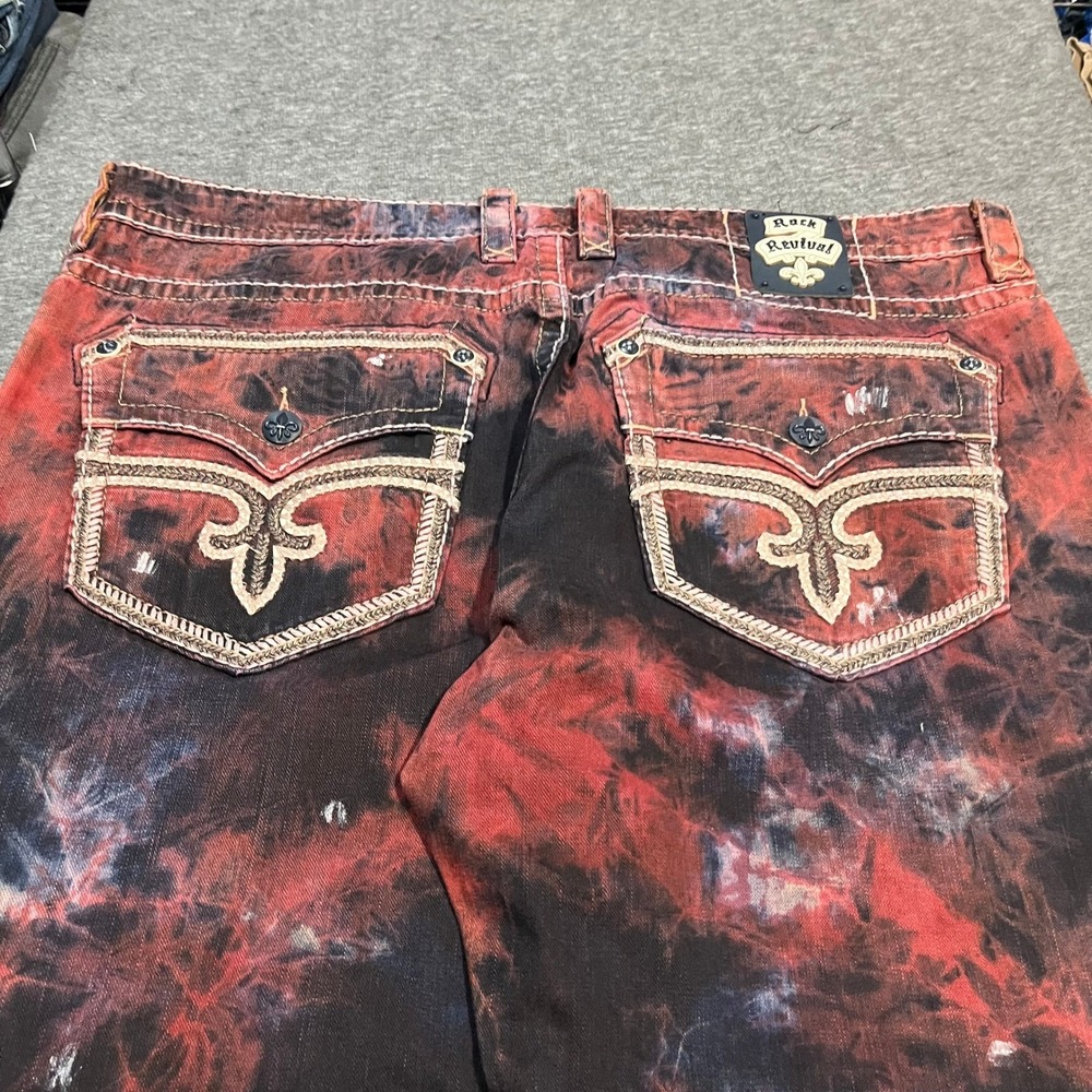 Rock Revival Dan Alt Straight TieDye Jeans Red Black Mens 44x30 baggy Distressed - Picture 3 of 6